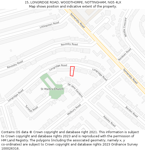 15, LONGRIDGE ROAD, WOODTHORPE, NOTTINGHAM, NG5 4LX: Location map and indicative extent of plot