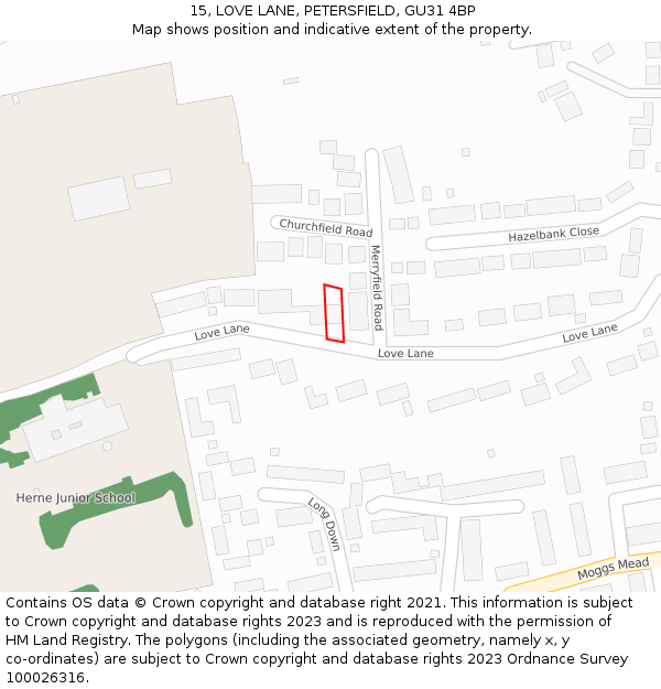 15, LOVE LANE, PETERSFIELD, GU31 4BP: Location map and indicative extent of plot