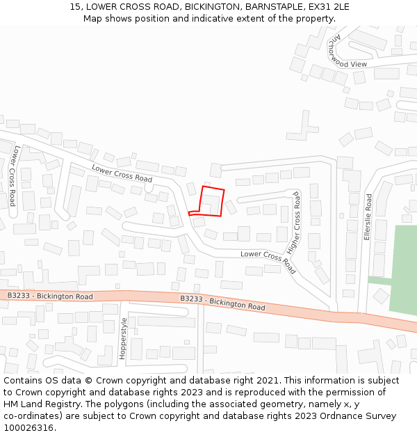15, LOWER CROSS ROAD, BICKINGTON, BARNSTAPLE, EX31 2LE: Location map and indicative extent of plot