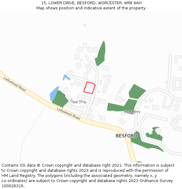 15, LOWER DRIVE, BESFORD, WORCESTER, WR8 9AH: Location map and indicative extent of plot