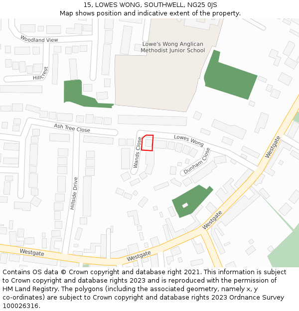 15, LOWES WONG, SOUTHWELL, NG25 0JS: Location map and indicative extent of plot