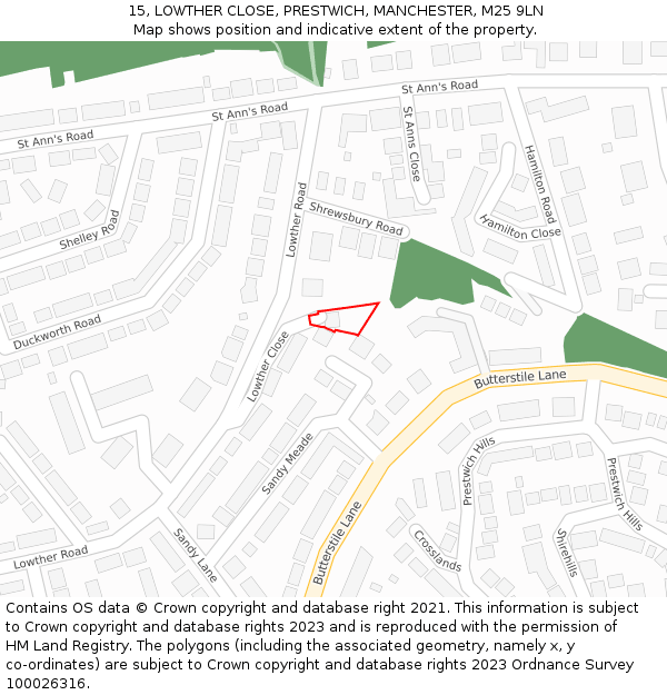 15, LOWTHER CLOSE, PRESTWICH, MANCHESTER, M25 9LN: Location map and indicative extent of plot