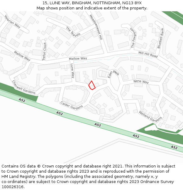 15, LUNE WAY, BINGHAM, NOTTINGHAM, NG13 8YX: Location map and indicative extent of plot