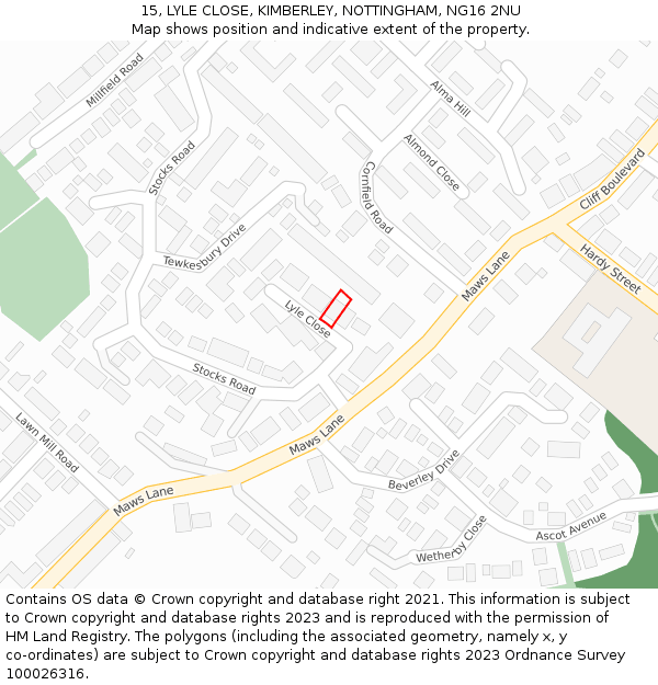 15, LYLE CLOSE, KIMBERLEY, NOTTINGHAM, NG16 2NU: Location map and indicative extent of plot