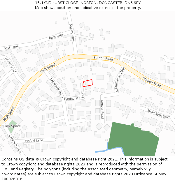 15, LYNDHURST CLOSE, NORTON, DONCASTER, DN6 9PY: Location map and indicative extent of plot