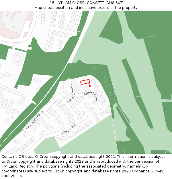 15, LYTHAM CLOSE, CONSETT, DH8 5XZ: Location map and indicative extent of plot