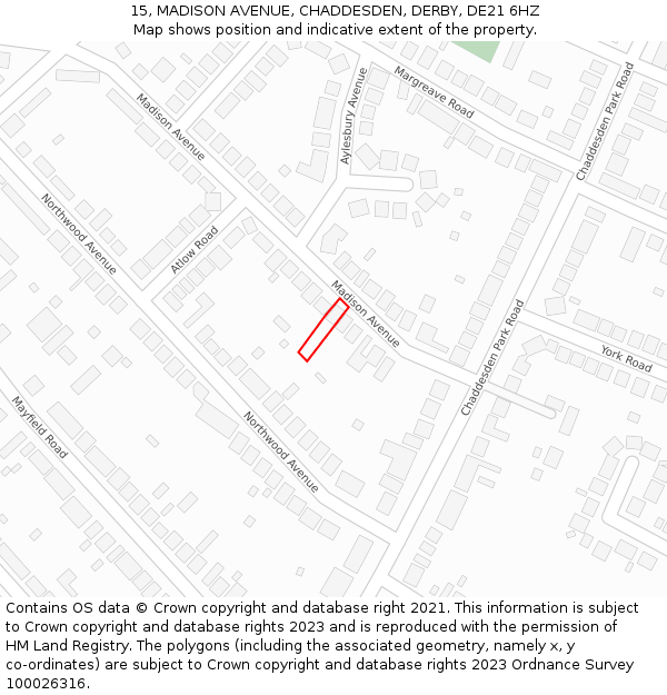 15, MADISON AVENUE, CHADDESDEN, DERBY, DE21 6HZ: Location map and indicative extent of plot