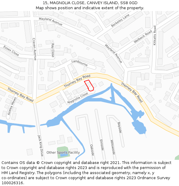 15, MAGNOLIA CLOSE, CANVEY ISLAND, SS8 0GD: Location map and indicative extent of plot