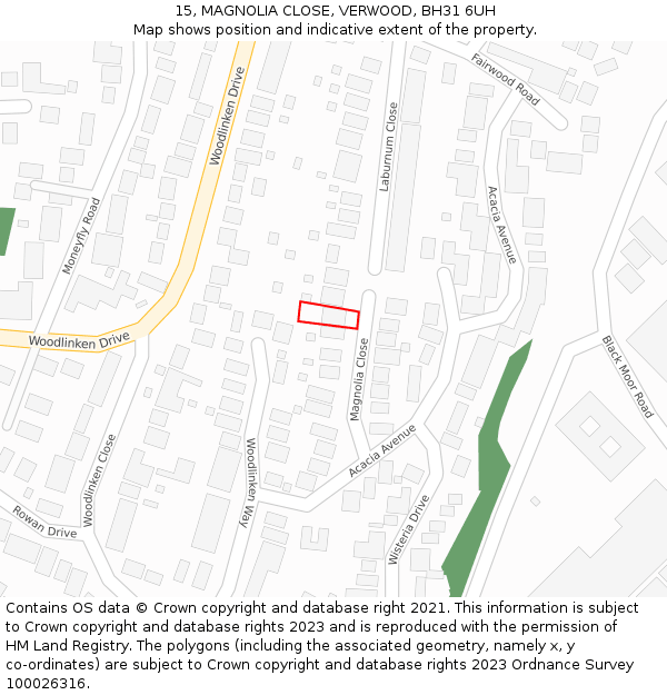 15, MAGNOLIA CLOSE, VERWOOD, BH31 6UH: Location map and indicative extent of plot