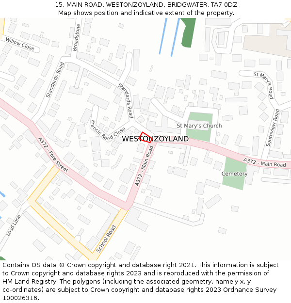 15, MAIN ROAD, WESTONZOYLAND, BRIDGWATER, TA7 0DZ: Location map and indicative extent of plot