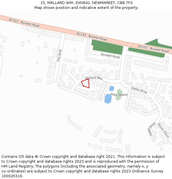 15, MALLARD WAY, EXNING, NEWMARKET, CB8 7FS: Location map and indicative extent of plot
