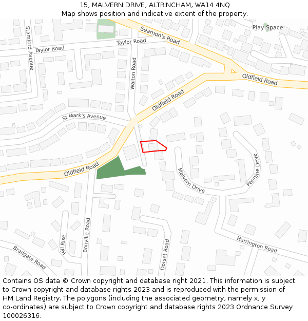 15, MALVERN DRIVE, ALTRINCHAM, WA14 4NQ: Location map and indicative extent of plot