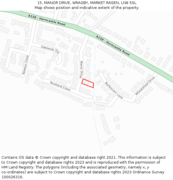 15, MANOR DRIVE, WRAGBY, MARKET RASEN, LN8 5SL: Location map and indicative extent of plot