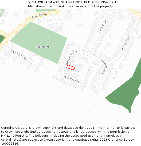 15, MANOR FARM WAY, SHARNBROOK, BEDFORD, MK44 1PH: Location map and indicative extent of plot