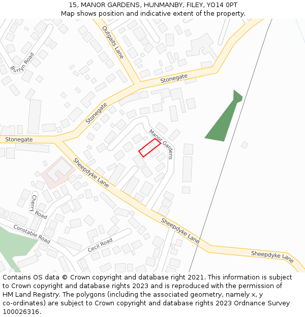 15, MANOR GARDENS, HUNMANBY, FILEY, YO14 0PT: Location map and indicative extent of plot