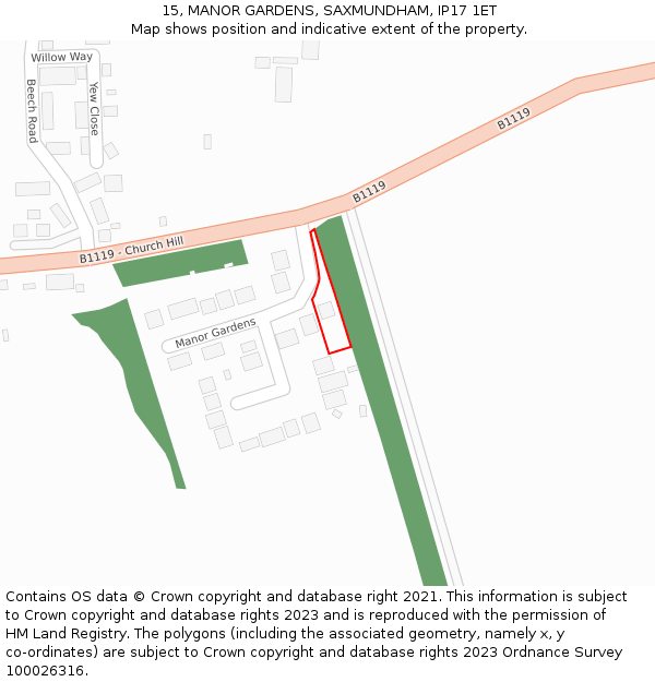 15, MANOR GARDENS, SAXMUNDHAM, IP17 1ET: Location map and indicative extent of plot