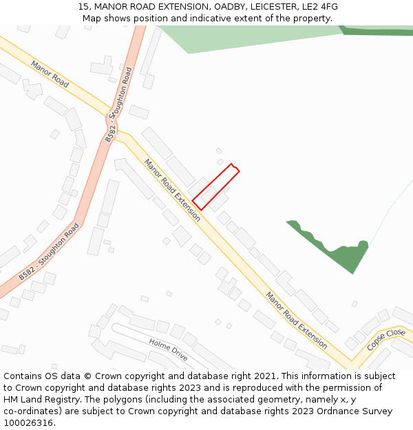 15, MANOR ROAD EXTENSION, OADBY, LEICESTER, LE2 4FG: Location map and indicative extent of plot