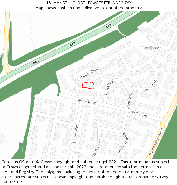 15, MANSELL CLOSE, TOWCESTER, NN12 7AY: Location map and indicative extent of plot