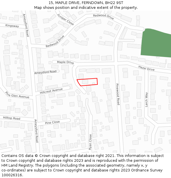 15, MAPLE DRIVE, FERNDOWN, BH22 9ST: Location map and indicative extent of plot