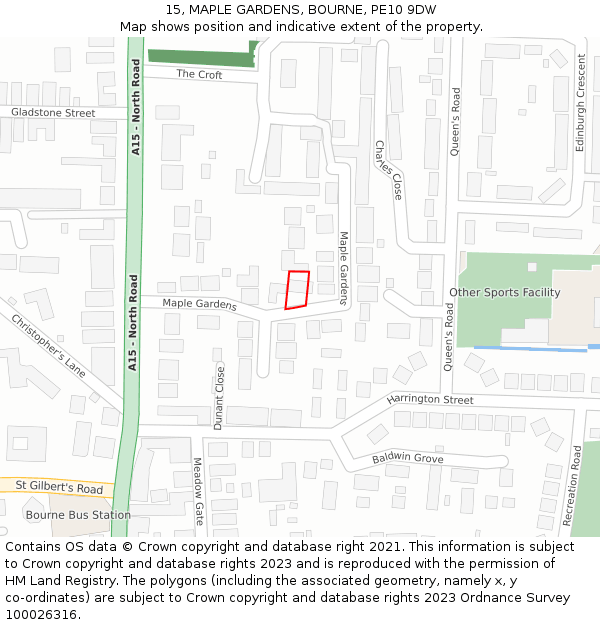 15, MAPLE GARDENS, BOURNE, PE10 9DW: Location map and indicative extent of plot