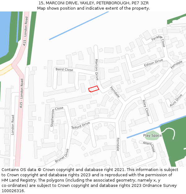 15, MARCONI DRIVE, YAXLEY, PETERBOROUGH, PE7 3ZR: Location map and indicative extent of plot