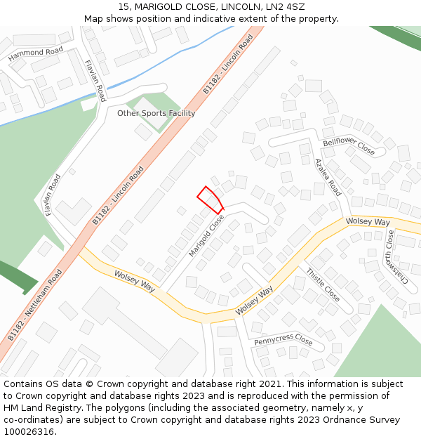 15, MARIGOLD CLOSE, LINCOLN, LN2 4SZ: Location map and indicative extent of plot