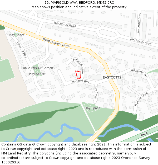 15, MARIGOLD WAY, BEDFORD, MK42 0RQ: Location map and indicative extent of plot