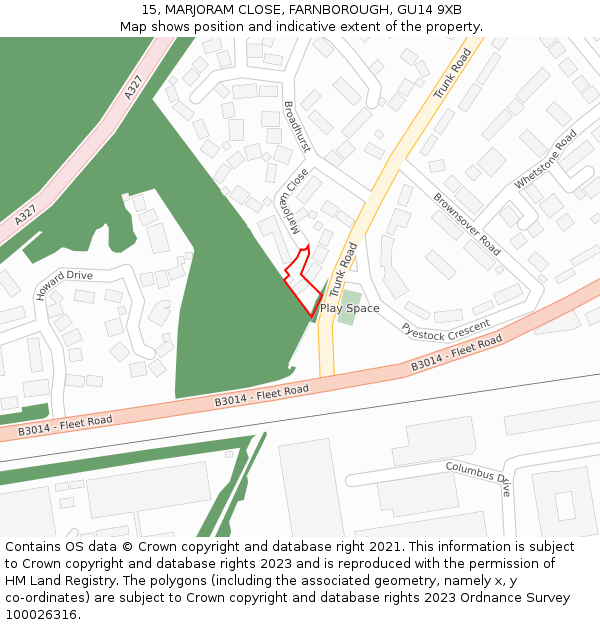 15, MARJORAM CLOSE, FARNBOROUGH, GU14 9XB: Location map and indicative extent of plot