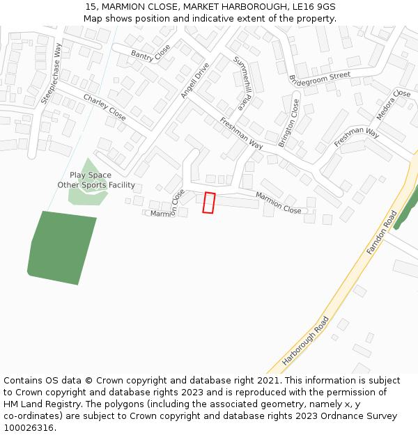 15, MARMION CLOSE, MARKET HARBOROUGH, LE16 9GS: Location map and indicative extent of plot