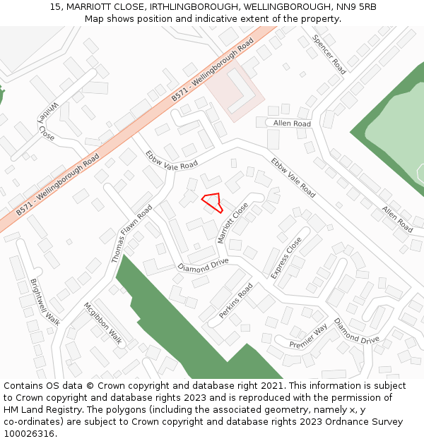 15, MARRIOTT CLOSE, IRTHLINGBOROUGH, WELLINGBOROUGH, NN9 5RB: Location map and indicative extent of plot