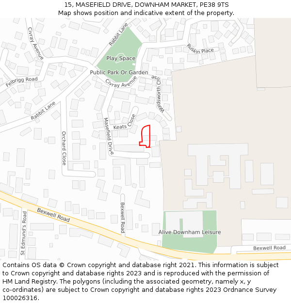 15, MASEFIELD DRIVE, DOWNHAM MARKET, PE38 9TS: Location map and indicative extent of plot