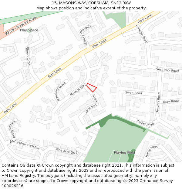 15, MASONS WAY, CORSHAM, SN13 9XW: Location map and indicative extent of plot