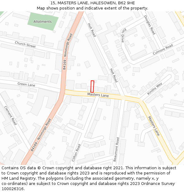 15, MASTERS LANE, HALESOWEN, B62 9HE: Location map and indicative extent of plot