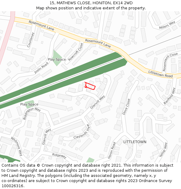 15, MATHEWS CLOSE, HONITON, EX14 2WD: Location map and indicative extent of plot