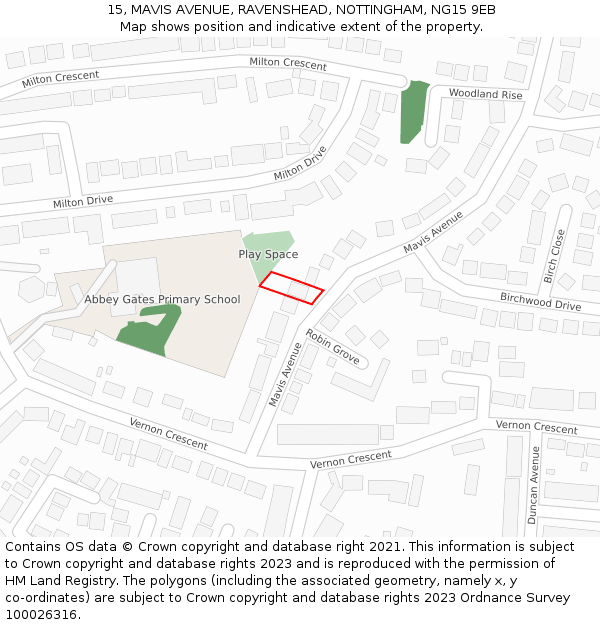 15, MAVIS AVENUE, RAVENSHEAD, NOTTINGHAM, NG15 9EB: Location map and indicative extent of plot