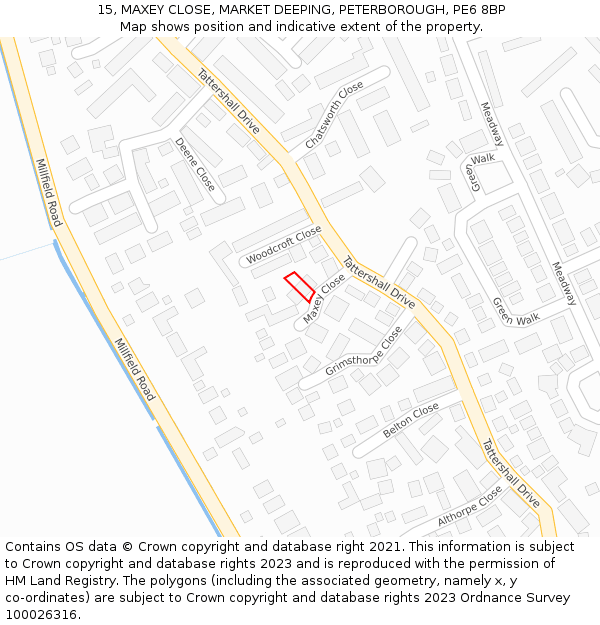 15, MAXEY CLOSE, MARKET DEEPING, PETERBOROUGH, PE6 8BP: Location map and indicative extent of plot