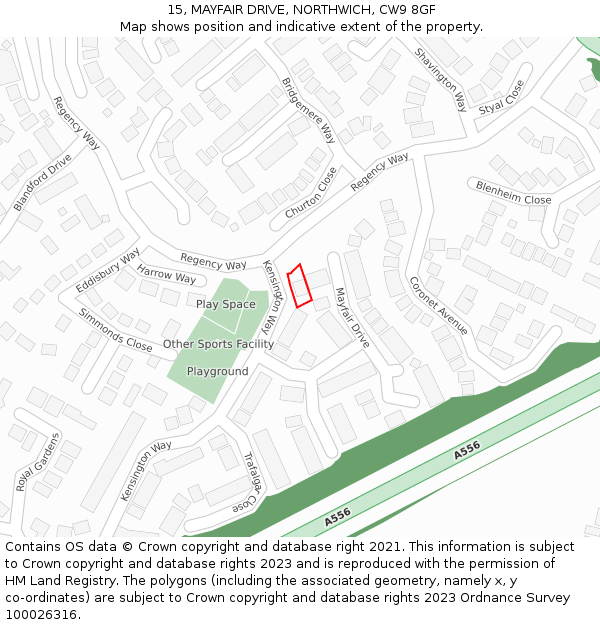 15, MAYFAIR DRIVE, NORTHWICH, CW9 8GF: Location map and indicative extent of plot