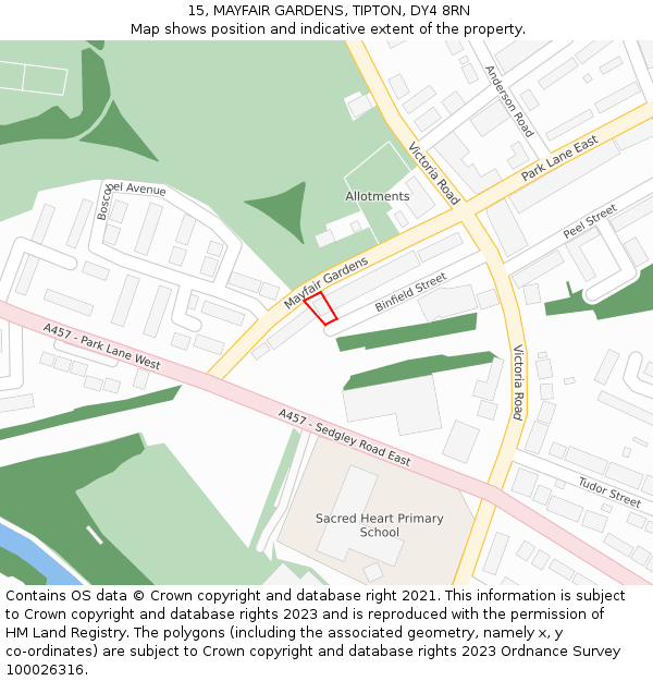 15, MAYFAIR GARDENS, TIPTON, DY4 8RN: Location map and indicative extent of plot