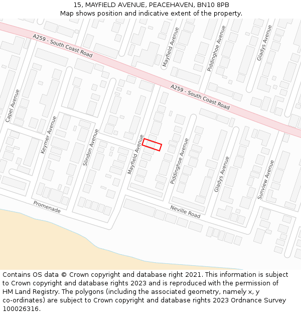 15, MAYFIELD AVENUE, PEACEHAVEN, BN10 8PB: Location map and indicative extent of plot