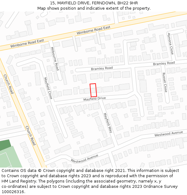 15, MAYFIELD DRIVE, FERNDOWN, BH22 9HR: Location map and indicative extent of plot