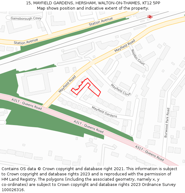 15, MAYFIELD GARDENS, HERSHAM, WALTON-ON-THAMES, KT12 5PP: Location map and indicative extent of plot