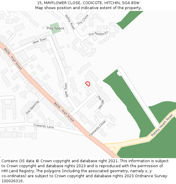 15, MAYFLOWER CLOSE, CODICOTE, HITCHIN, SG4 8SW: Location map and indicative extent of plot