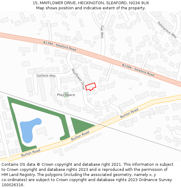 15, MAYFLOWER DRIVE, HECKINGTON, SLEAFORD, NG34 9UX: Location map and indicative extent of plot