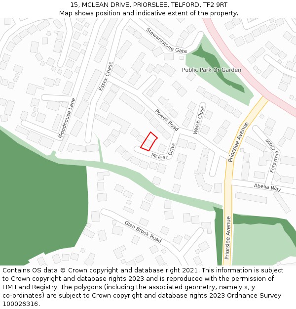 15, MCLEAN DRIVE, PRIORSLEE, TELFORD, TF2 9RT: Location map and indicative extent of plot