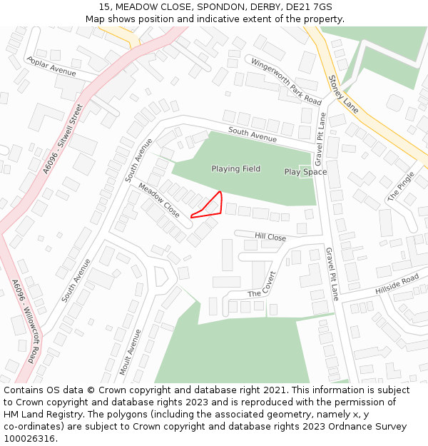 15, MEADOW CLOSE, SPONDON, DERBY, DE21 7GS: Location map and indicative extent of plot