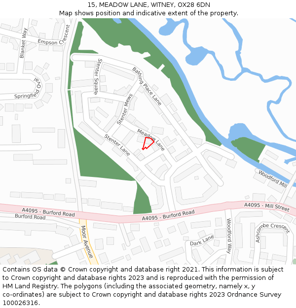 15, MEADOW LANE, WITNEY, OX28 6DN: Location map and indicative extent of plot