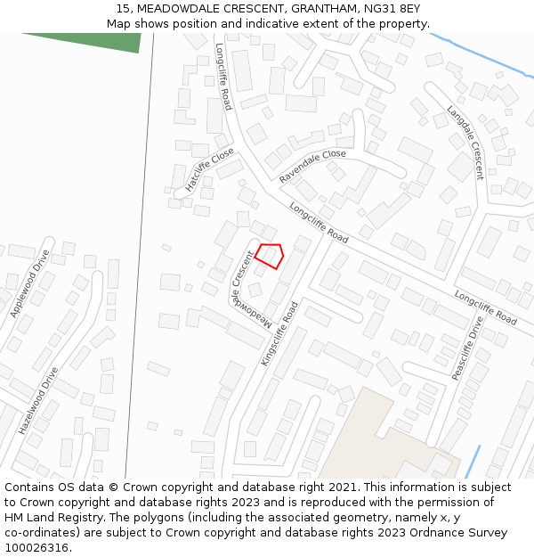 15, MEADOWDALE CRESCENT, GRANTHAM, NG31 8EY: Location map and indicative extent of plot