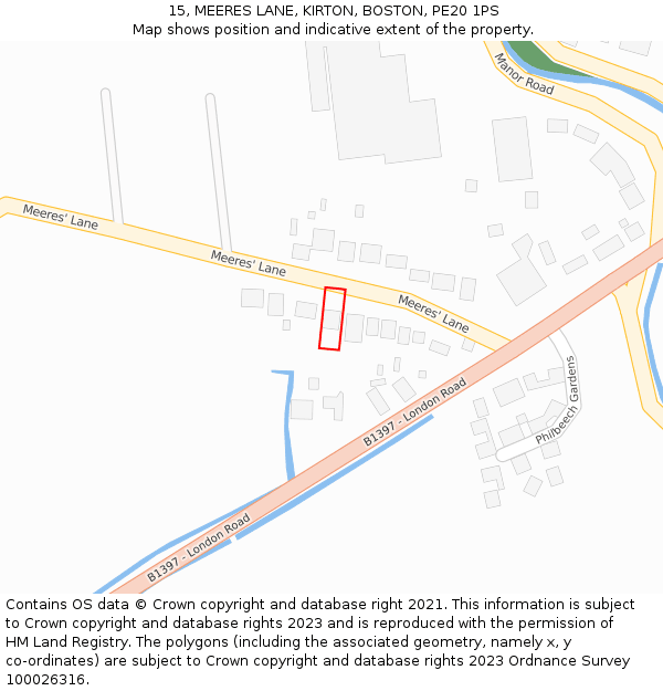 15, MEERES LANE, KIRTON, BOSTON, PE20 1PS: Location map and indicative extent of plot