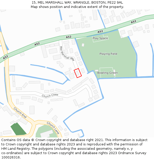 15, MEL MARSHALL WAY, WRANGLE, BOSTON, PE22 9AL: Location map and indicative extent of plot