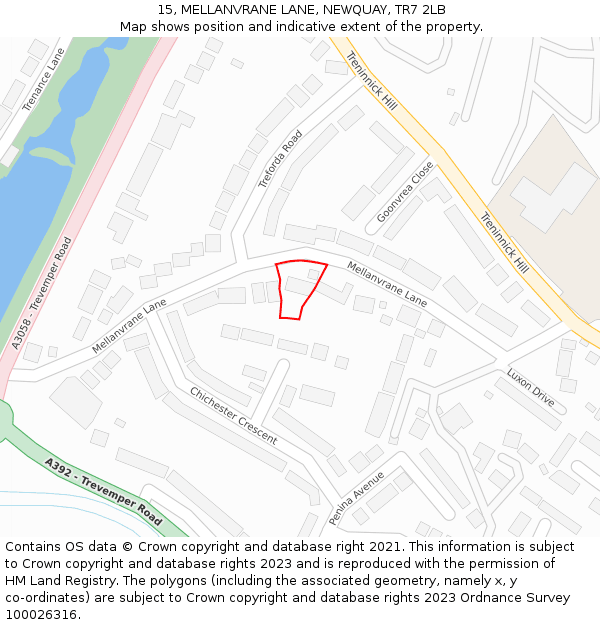 15, MELLANVRANE LANE, NEWQUAY, TR7 2LB: Location map and indicative extent of plot